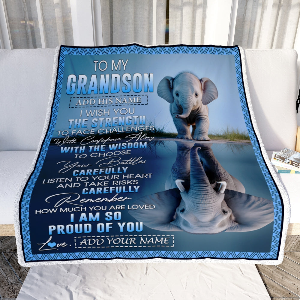 Personalized To My Grandson Gifts Blanket From Grandma Grandpa I Wish You The Strength Elephant Grandson Birthday Gifts Christmas Custom Fleece Blanket | siriusteestore