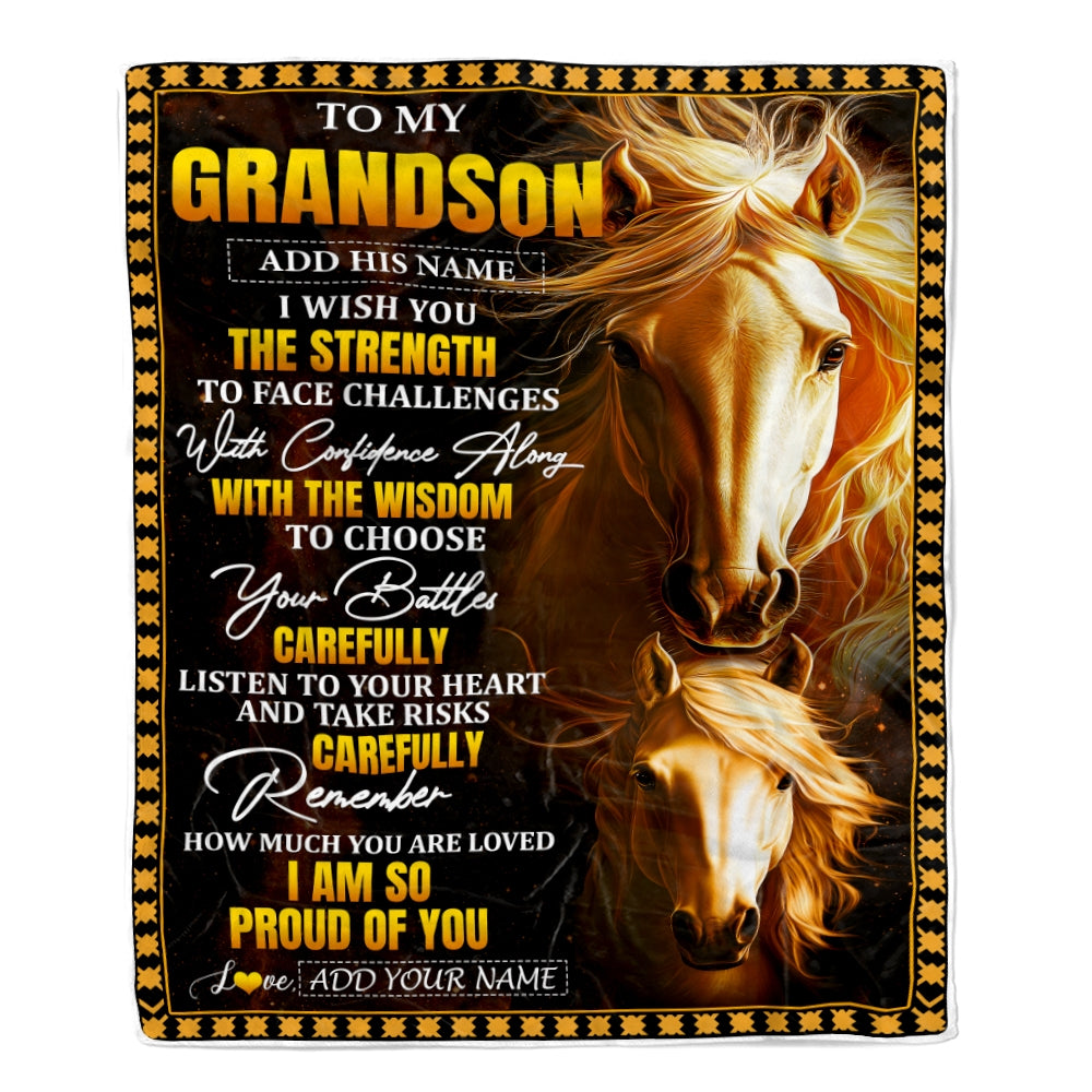 Personalized To My Grandson Gifts Blanket From Grandma Grandpa I Wish You The Strength Horse Grandson Birthday Gifts Christmas Graduation Fleece Blanket | siriusteestore