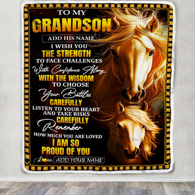 Personalized To My Grandson Gifts Blanket From Grandma Grandpa I Wish You The Strength Horse Grandson Birthday Gifts Christmas Graduation Fleece Blanket | siriusteestore