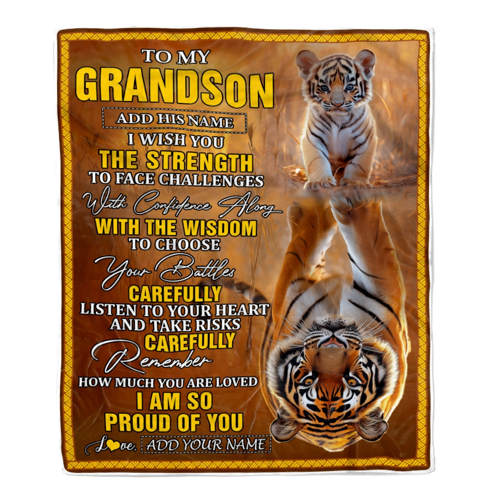 Personalized To My Grandson Gifts Blanket From Grandma Grandpa I Wish You The Strength Tiger Grandson Birthday Gifts Christmas Graduation Fleece Blanket | siriusteestore