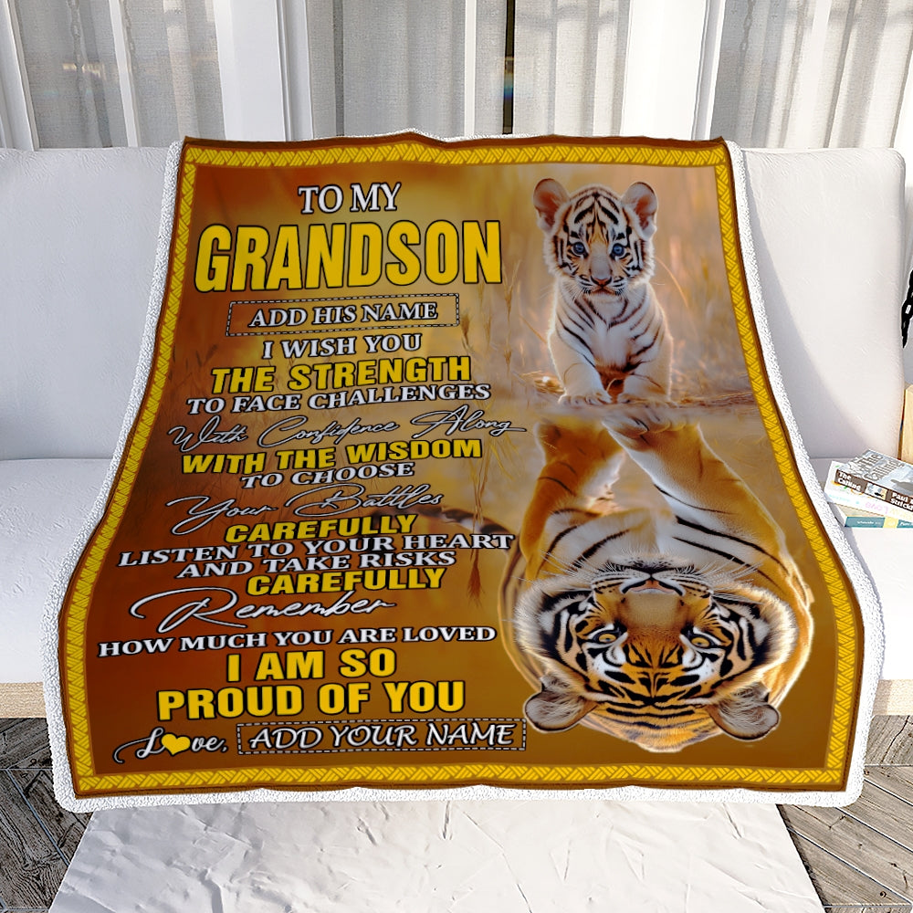 Personalized To My Grandson Gifts Blanket From Grandma Grandpa I Wish You The Strength Tiger Grandson Birthday Gifts Christmas Graduation Fleece Blanket | siriusteestore