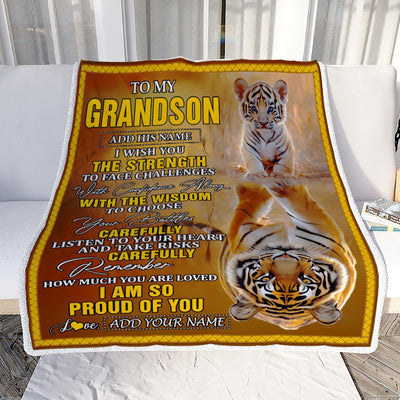 Personalized To My Grandson Gifts Blanket From Grandma Grandpa I Wish You The Strength Tiger Grandson Birthday Gifts Christmas Graduation Fleece Blanket | siriusteestore