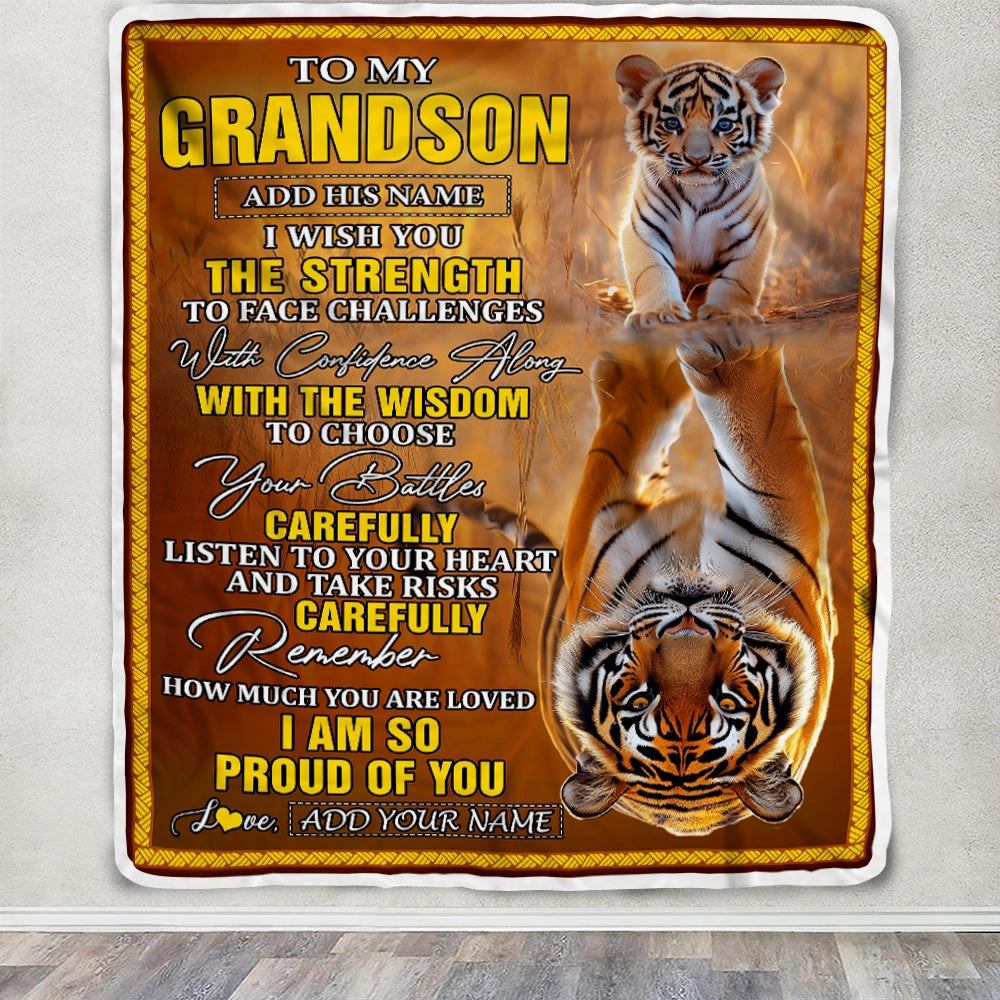 Personalized To My Grandson Gifts Blanket From Grandma Grandpa I Wish You The Strength Tiger Grandson Birthday Gifts Christmas Graduation Fleece Blanket | siriusteestore