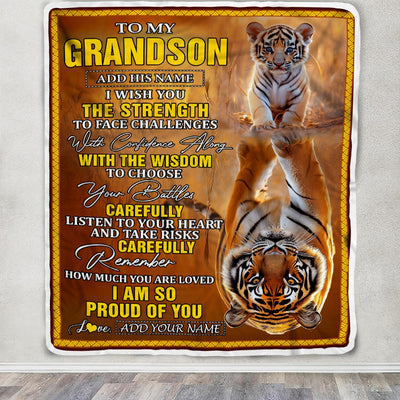 Personalized To My Grandson Gifts Blanket From Grandma Grandpa I Wish You The Strength Tiger Grandson Birthday Gifts Christmas Graduation Fleece Blanket | siriusteestore