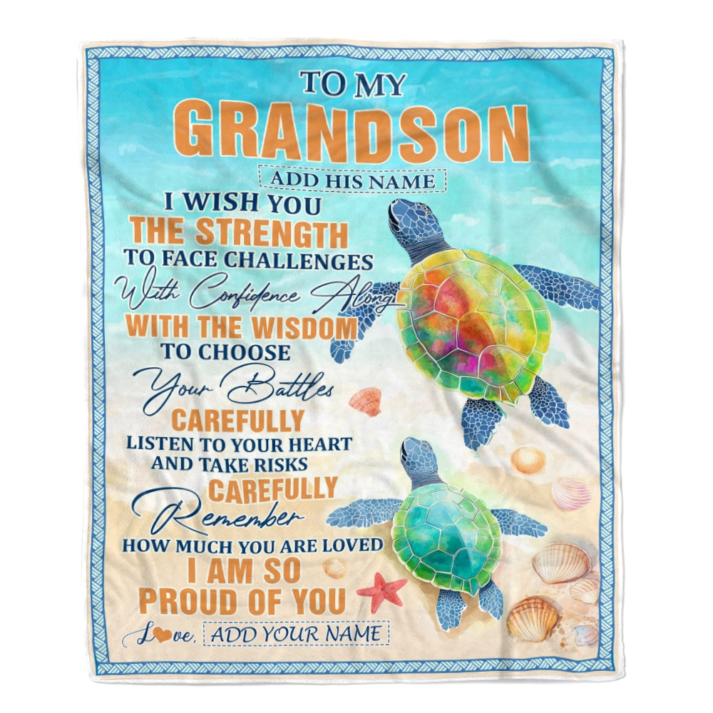 Personalized To My Grandson Gifts Blanket From Grandma Grandpa I Wish You The Strength Turtle Grandson Birthday Gifts Christmas Graduation Fleece Blanket | siriusteestore