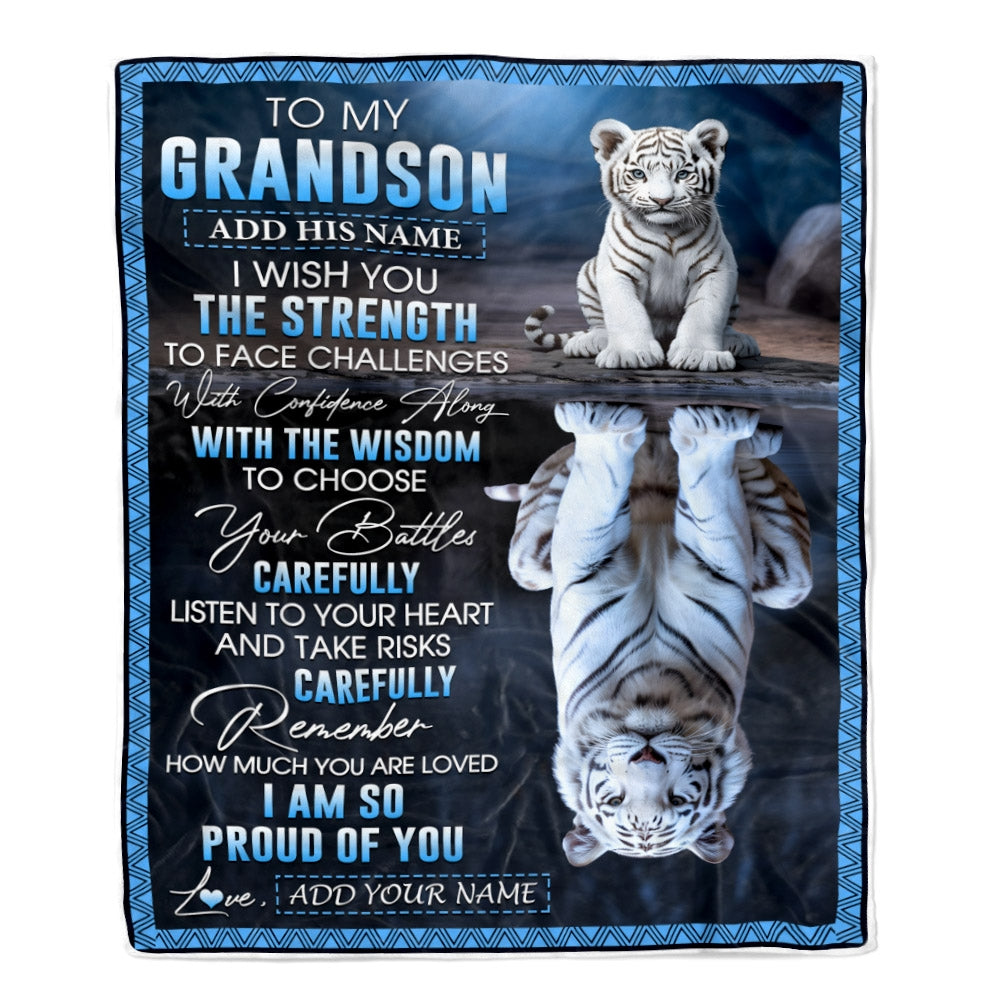 Personalized To My Grandson Gifts Blanket From Grandma Grandpa I Wish You The Strength White Tier Grandson Birthday Gifts Christmas Custom Fleece Blanket | siriusteestore