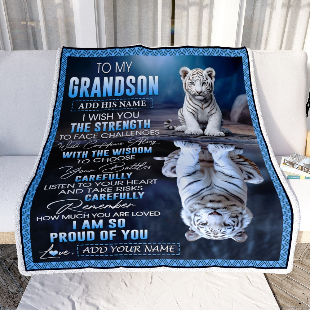 Personalized To My Grandson Gifts Blanket From Grandma Grandpa I Wish You The Strength White Tier Grandson Birthday Gifts Christmas Custom Fleece Blanket | siriusteestore