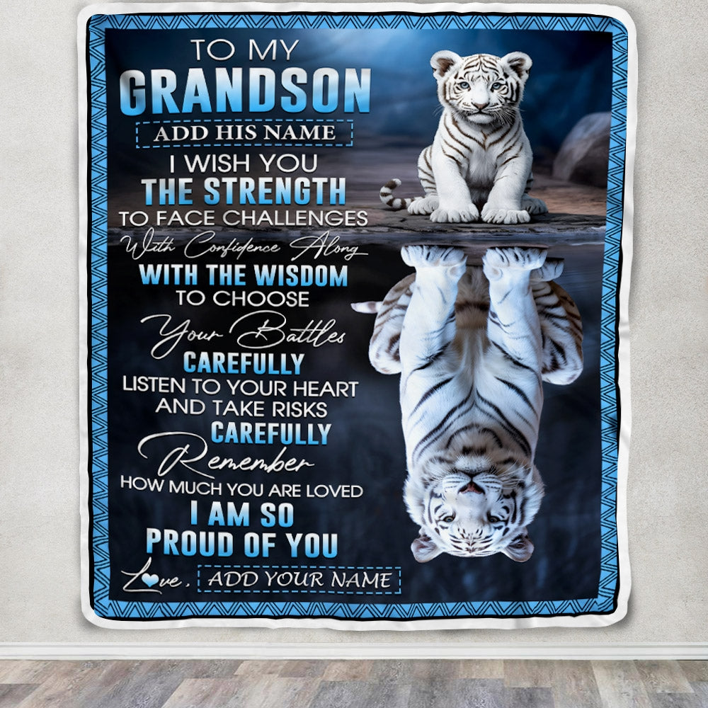 Personalized To My Grandson Gifts Blanket From Grandma Grandpa I Wish You The Strength White Tier Grandson Birthday Gifts Christmas Custom Fleece Blanket | siriusteestore