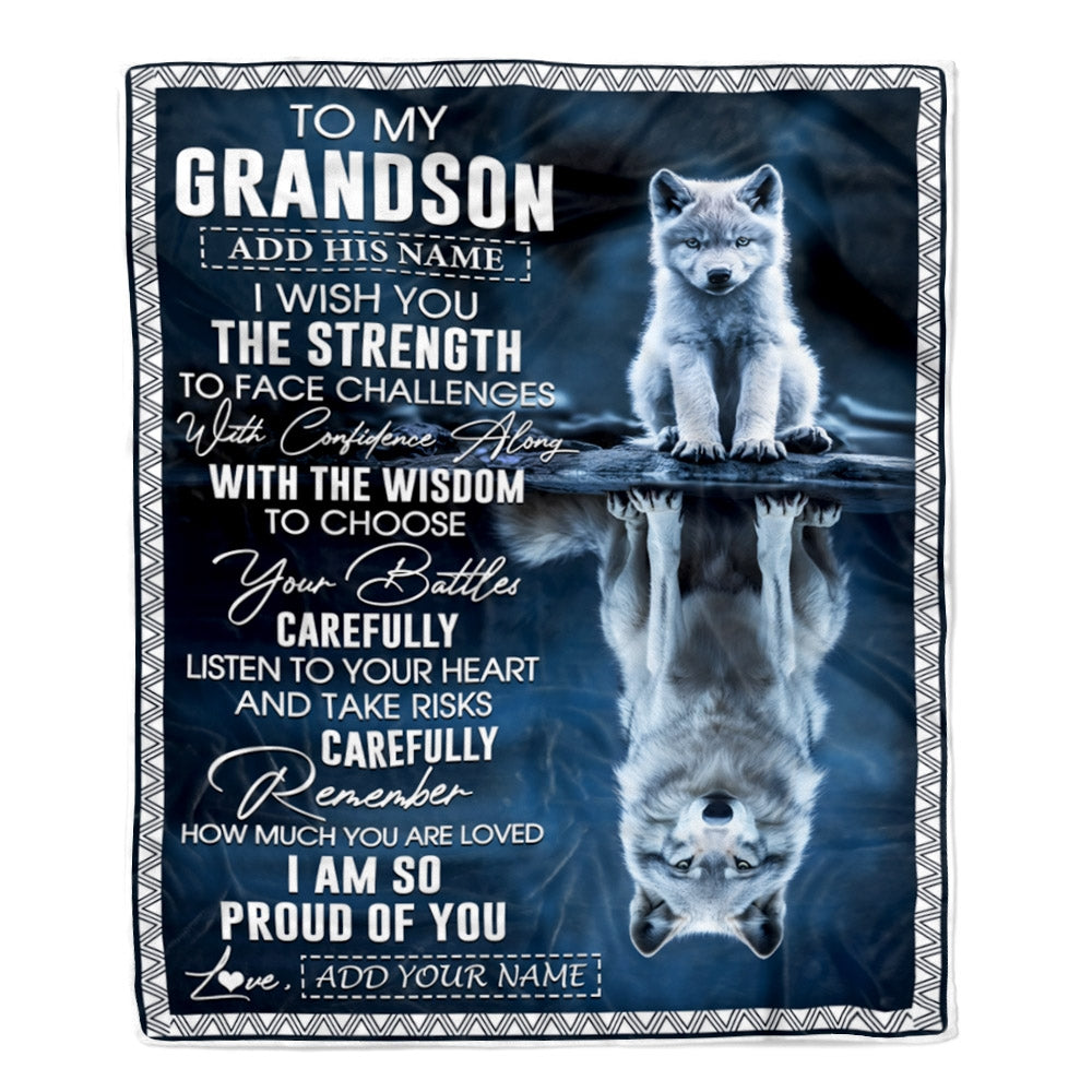 Personalized To My Grandson Gifts Blanket From Grandma Grandpa I Wish You The Strength Wolf Grandson Birthday Gifts Christmas Graduation Fleece Blanket | siriusteestore