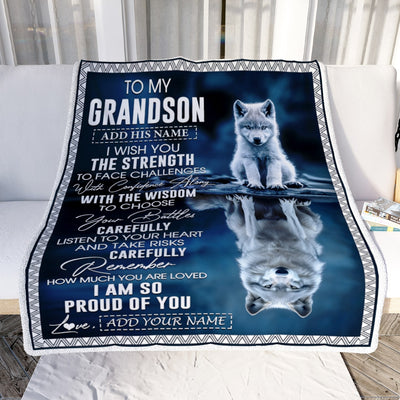Personalized To My Grandson Gifts Blanket From Grandma Grandpa I Wish You The Strength Wolf Grandson Birthday Gifts Christmas Graduation Fleece Blanket | siriusteestore