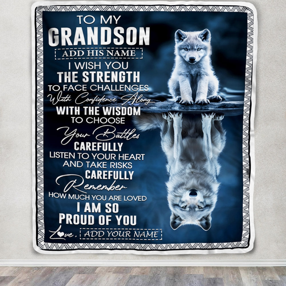 Personalized To My Grandson Gifts Blanket From Grandma Grandpa I Wish You The Strength Wolf Grandson Birthday Gifts Christmas Graduation Fleece Blanket | siriusteestore