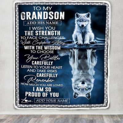 Personalized To My Grandson Gifts Blanket From Grandma Grandpa I Wish You The Strength Wolf Grandson Birthday Gifts Christmas Graduation Fleece Blanket | siriusteestore