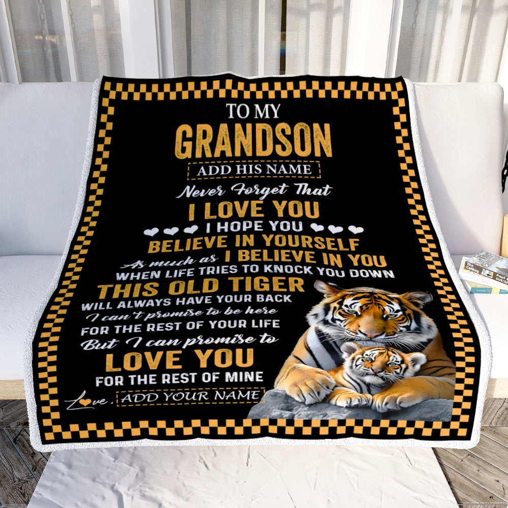 Personalized To My Grandson Gifts Blanket From Grandma Grandpa This Old Tiger Love You Grandson Birthday Gifts Graduation Christmas Customized Fleece Blanket | siriusteestore