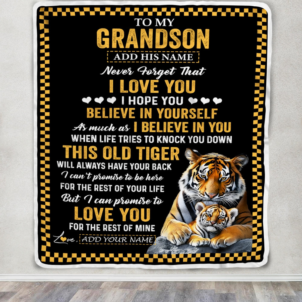 Personalized To My Grandson Gifts Blanket From Grandma Grandpa This Old Tiger Love You Grandson Birthday Gifts Graduation Christmas Customized Fleece Blanket | siriusteestore