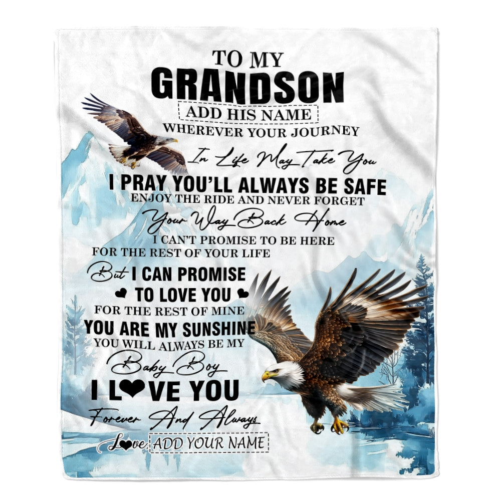 Personalized To My Grandson Gifts Blanket From Grandma Grandpa Wherever Your Journey In Life Eagle Grandson Birthday Gifts Warm Customized Fleece Throw Blanket | siriusteestore