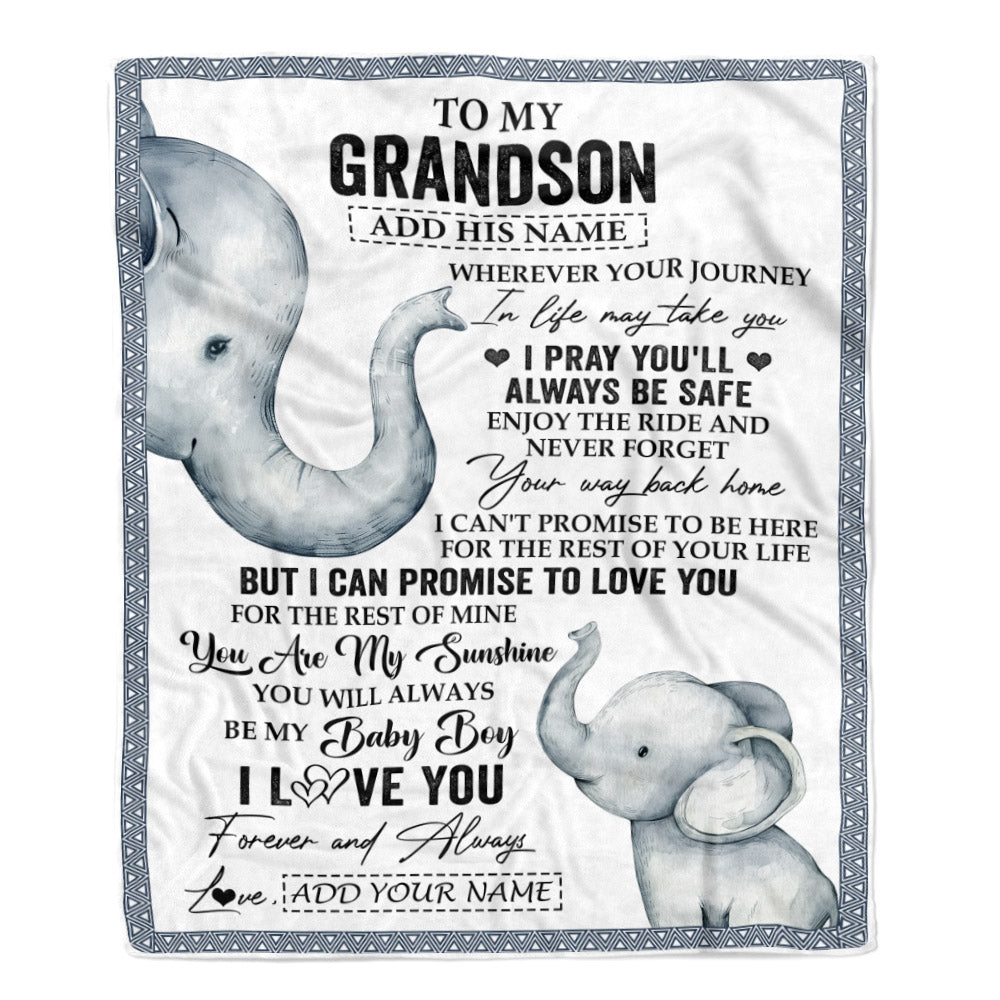 Personalized To My Grandson Gifts Blanket From Grandma Grandpa Wherever Your Journey In Life Elephant Grandson Birthday Gifts Warm Customized Fleece Blanket | siriusteestore