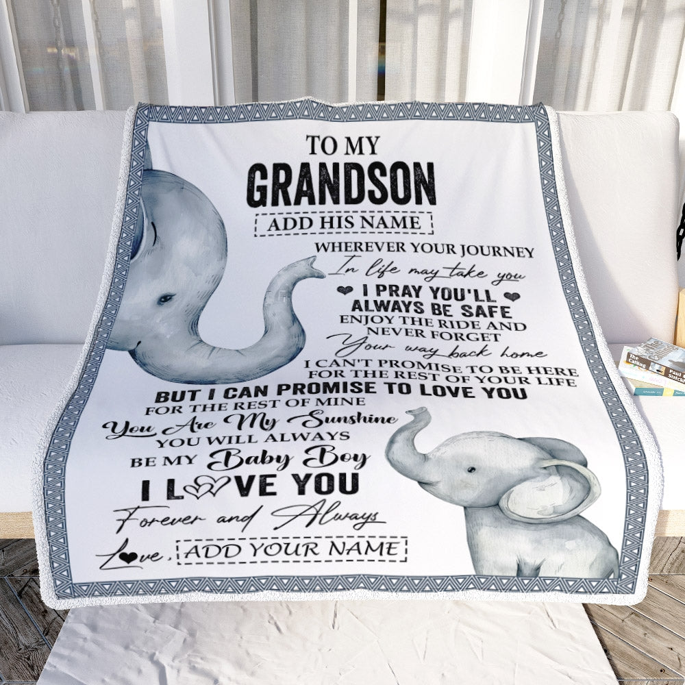 Personalized To My Grandson Gifts Blanket From Grandma Grandpa Wherever Your Journey In Life Elephant Grandson Birthday Gifts Warm Customized Fleece Blanket | siriusteestore