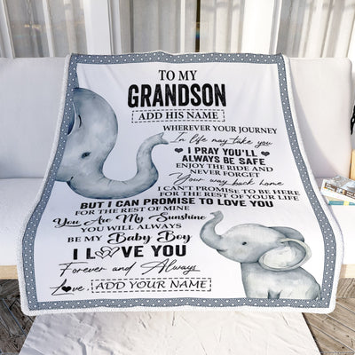 Personalized To My Grandson Gifts Blanket From Grandma Grandpa Wherever Your Journey In Life Elephant Grandson Birthday Gifts Warm Customized Fleece Blanket | siriusteestore