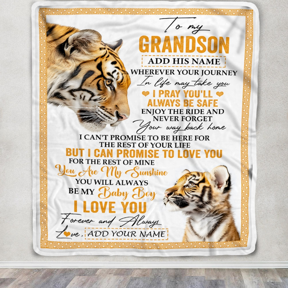 Personalized To My Grandson Gifts Blanket From Grandma Grandpa Wherever Your Journey In Life Tiger Grandson Birthday Gifts Warm Customized Fleece Blanket | siriusteestore