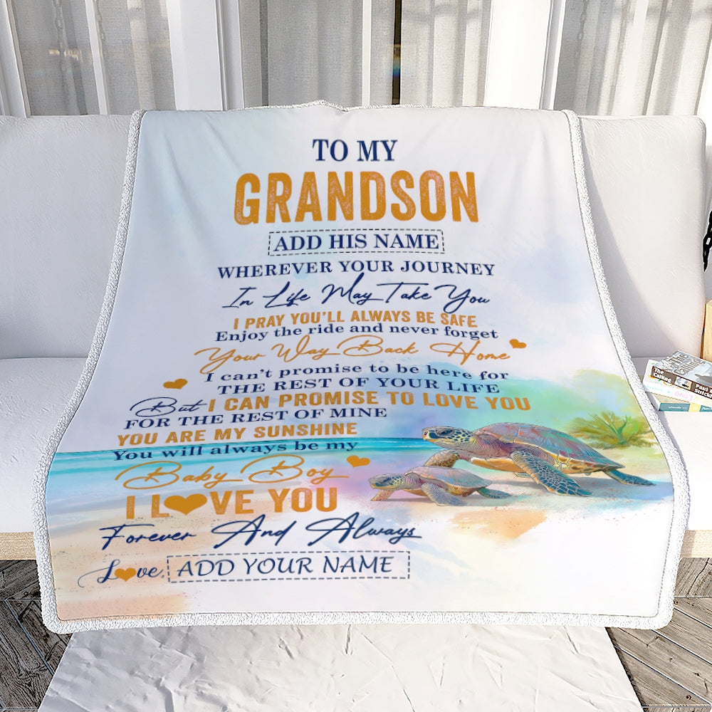Personalized To My Grandson Gifts Blanket From Grandma Grandpa Wherever Your Journey In Life Turtle Grandson Birthday Gifts Warm Customized Fleece Blanket | siriusteestore