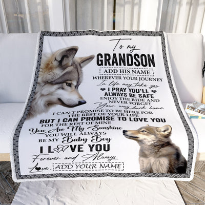 Personalized To My Grandson Gifts Blanket From Grandma Grandpa Wherever Your Journey In Life Wolf Grandson Birthday Gifts Warm Customized Fleece Throw Blanket | siriusteestore
