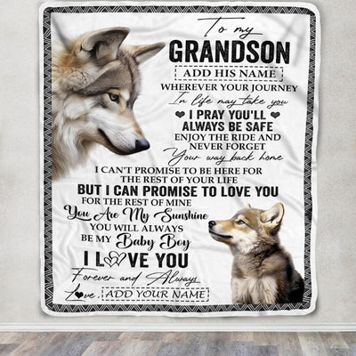 Personalized To My Grandson Gifts Blanket From Grandma Grandpa Wherever Your Journey In Life Wolf Grandson Birthday Gifts Warm Customized Fleece Throw Blanket | siriusteestore