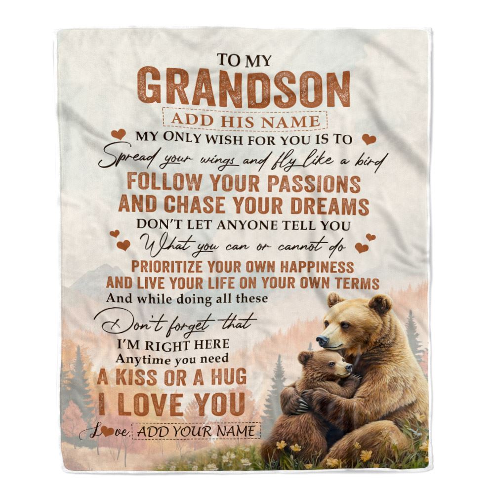Personalized To My Grandson Gifts Blanket From Grandma Papa Bear My Only Wish For You Grandson Birthday Gifts Graduation Christmas Customized Fleece Blanket | siriusteestore
