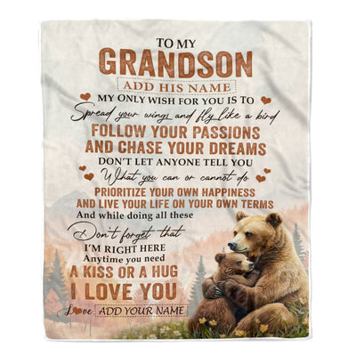 Personalized To My Grandson Gifts Blanket From Grandma Papa Bear My Only Wish For You Grandson Birthday Gifts Graduation Christmas Customized Fleece Blanket | siriusteestore