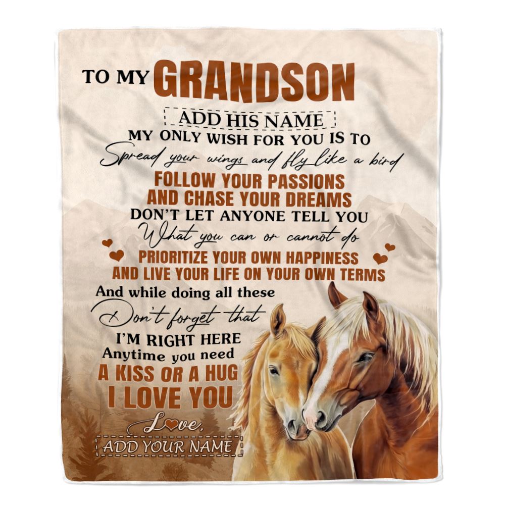 Personalized To My Grandson Gifts Blanket From Grandma Papa Horse My Only Wish For You Grandson Birthday Gifts Graduation Christmas Customized Fleece Blanket | siriusteestore