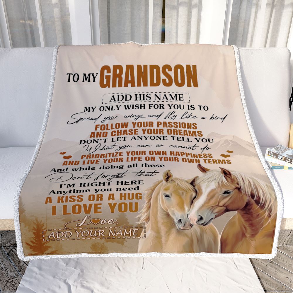 Personalized To My Grandson Gifts Blanket From Grandma Papa Horse My Only Wish For You Grandson Birthday Gifts Graduation Christmas Customized Fleece Blanket | siriusteestore