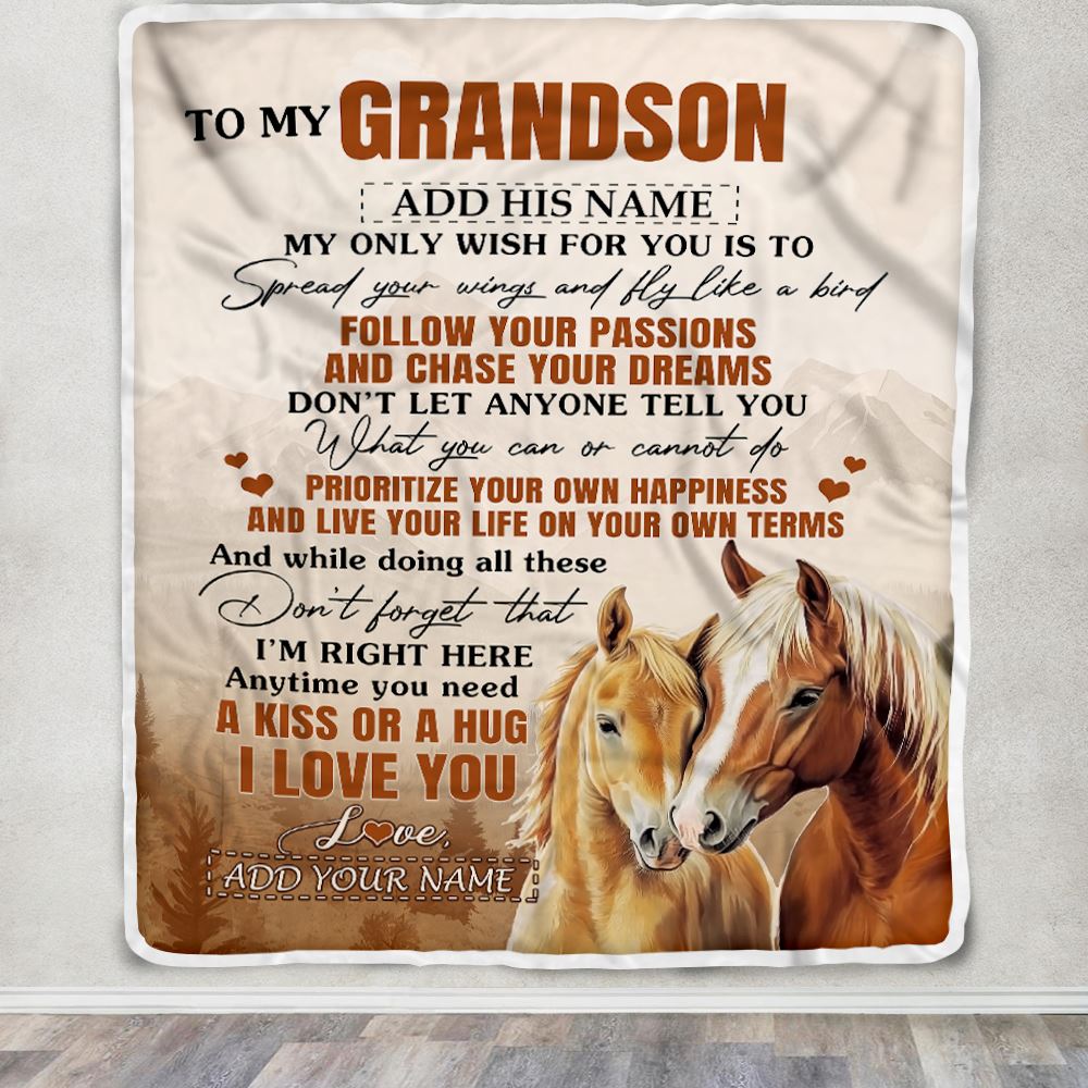 Personalized To My Grandson Gifts Blanket From Grandma Papa Horse My Only Wish For You Grandson Birthday Gifts Graduation Christmas Customized Fleece Blanket | siriusteestore