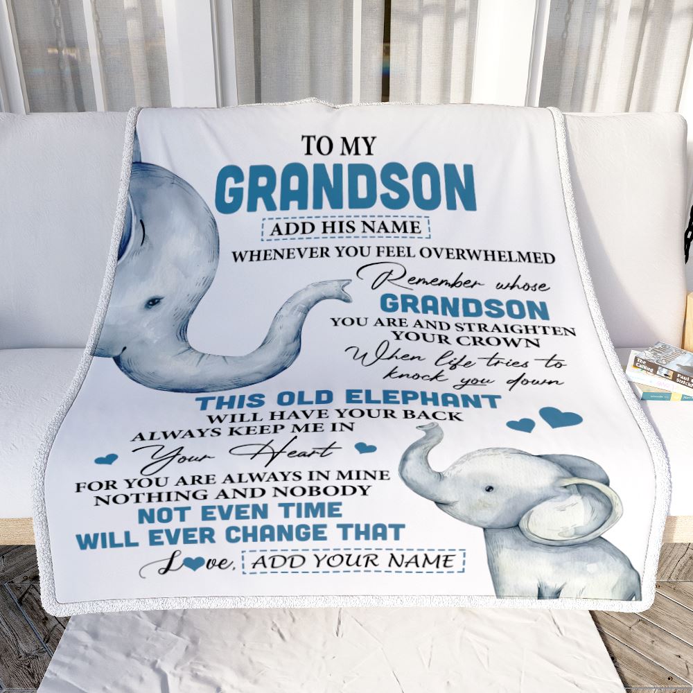 Personalized To My Grandson Gifts Blanket From Grandma Papa Whenever Elephant Unique Birthday Gifts For Grandson Graduation Christmas Fleece Throw Blanket | siriusteestore