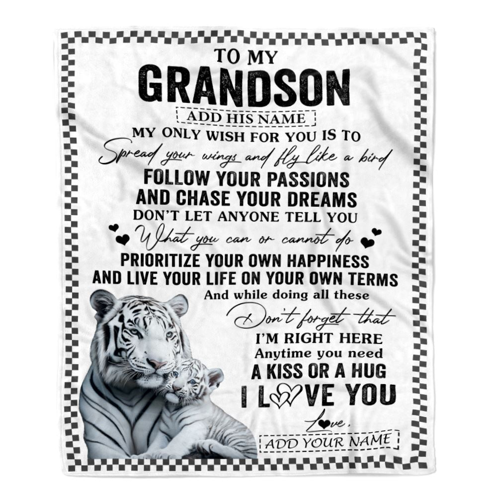 Personalized To My Grandson Gifts Blanket From Grandma Papa White Tiger My Only Wish For You Grandson Birthday Gifts Graduation Christmas Fleece Blanket | siriusteestore