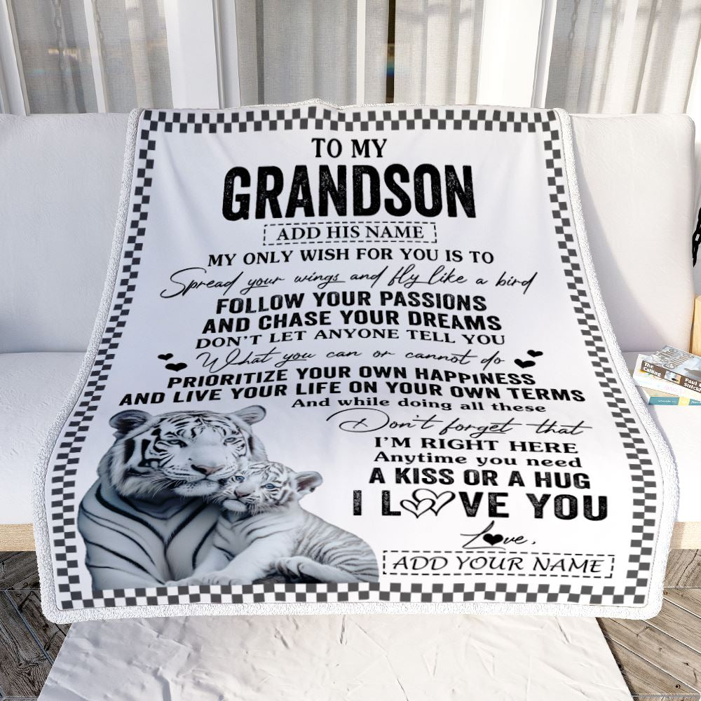 Personalized To My Grandson Gifts Blanket From Grandma Papa White Tiger My Only Wish For You Grandson Birthday Gifts Graduation Christmas Fleece Blanket | siriusteestore
