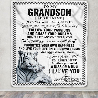 Personalized To My Grandson Gifts Blanket From Grandma Papa White Tiger My Only Wish For You Grandson Birthday Gifts Graduation Christmas Fleece Blanket | siriusteestore