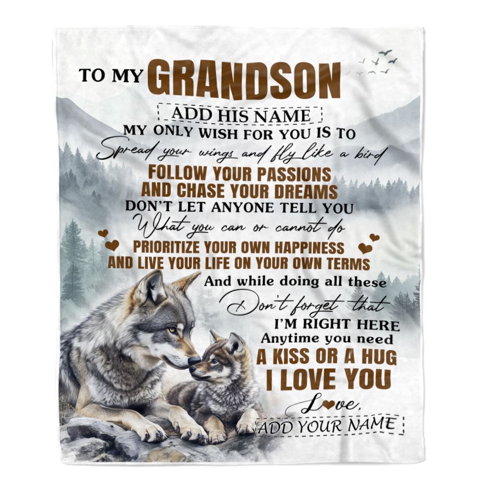 Personalized To My Grandson Gifts Blanket From Grandma Papa Wolf My Only Wish For You Grandson Birthday Gifts Graduation Christmas Customized Fleece Blanket | siriusteestore