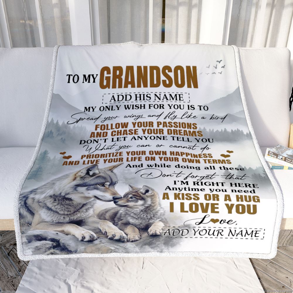 Personalized To My Grandson Gifts Blanket From Grandma Papa Wolf My Only Wish For You Grandson Birthday Gifts Graduation Christmas Customized Fleece Blanket | siriusteestore