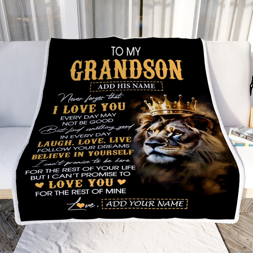 Personalized To My Grandson Gifts Blanket From Grandpa Grandma Laugh Love Live Lion Grandson Happy Birthday Gifts Graduation Christmas Custom Fleece Blanket | siriusteestore