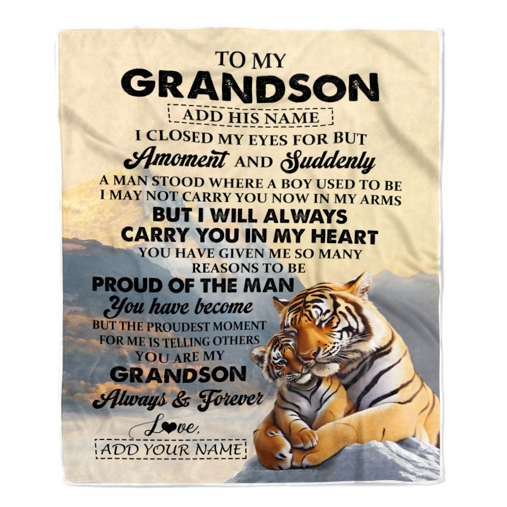 Personalized To My Grandson Gifts Blanket Tiger From Grandma Grandpa You Are My Grandson Birthday Gifts Graduation Christmas Custom Fleece Throw Blanket | siriusteestore