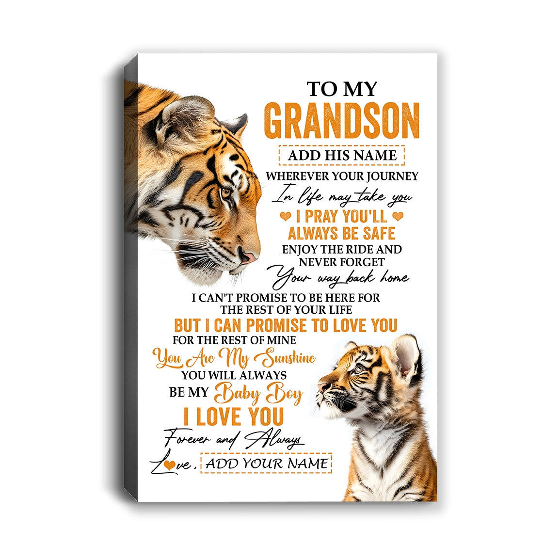 Personalized To My Grandson Gifts Canvas From Grandma Grandpa Wherever Your Journey In Life Tiger Grandson Birthday Gifts Custom Wall Art Framed Canvas | siriusteestore