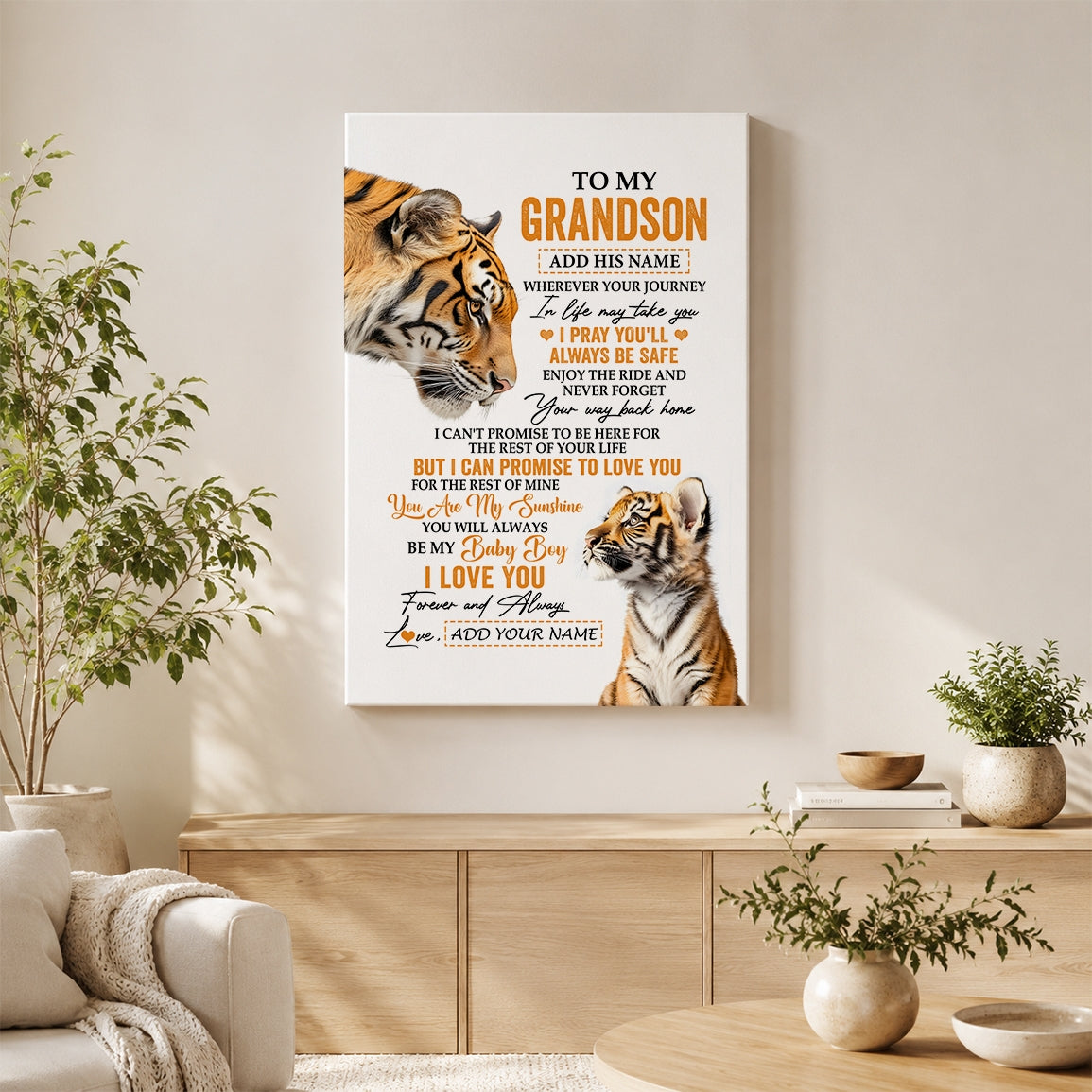 Personalized To My Grandson Gifts Canvas From Grandma Grandpa Wherever Your Journey In Life Tiger Grandson Birthday Gifts Custom Wall Art Framed Canvas | siriusteestore