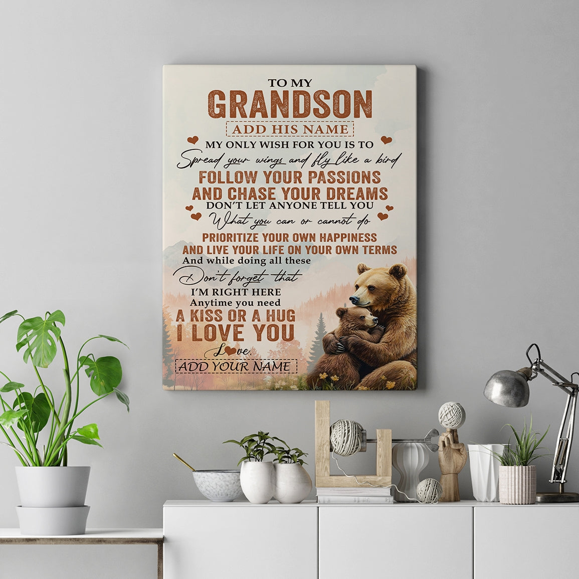 Personalized To My Grandson Gifts Canvas From Grandma Papa Bear My Only Wish For You Grandson Birthday Gifts Graduation Christmas Custom Wall Art Print Framed Canvas | siriusteestore