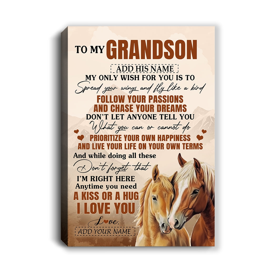 Personalized To My Grandson Gifts Canvas From Grandma Papa Horse My Only Wish For You Grandson Birthday Gifts Graduation Christmas Custom Wall Art Framed Canvas | siriusteestore