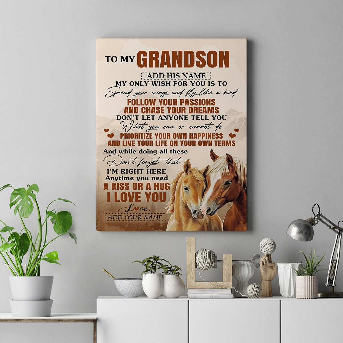 Personalized To My Grandson Gifts Canvas From Grandma Papa Horse My Only Wish For You Grandson Birthday Gifts Graduation Christmas Custom Wall Art Framed Canvas | siriusteestore