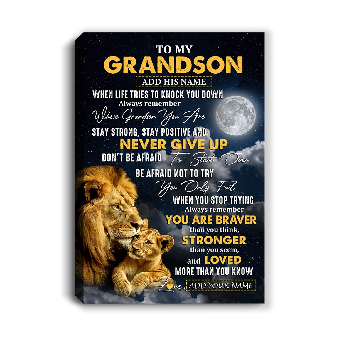 Personalized To My Grandson Gifts Canvas From Grandpa Grandma Lion Never Give Up Grandson Birthday Gifts Graduation Christmas Custom Wall Art Print Framed Canvas | siriusteestore