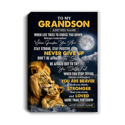 Personalized To My Grandson Gifts Canvas From Grandpa Grandma Lion Never Give Up Grandson Birthday Gifts Graduation Christmas Custom Wall Art Print Framed Canvas | siriusteestore