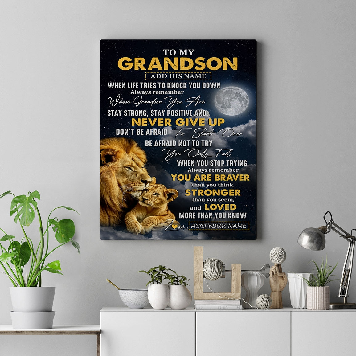 Personalized To My Grandson Gifts Canvas From Grandpa Grandma Lion Never Give Up Grandson Birthday Gifts Graduation Christmas Custom Wall Art Print Framed Canvas | siriusteestore