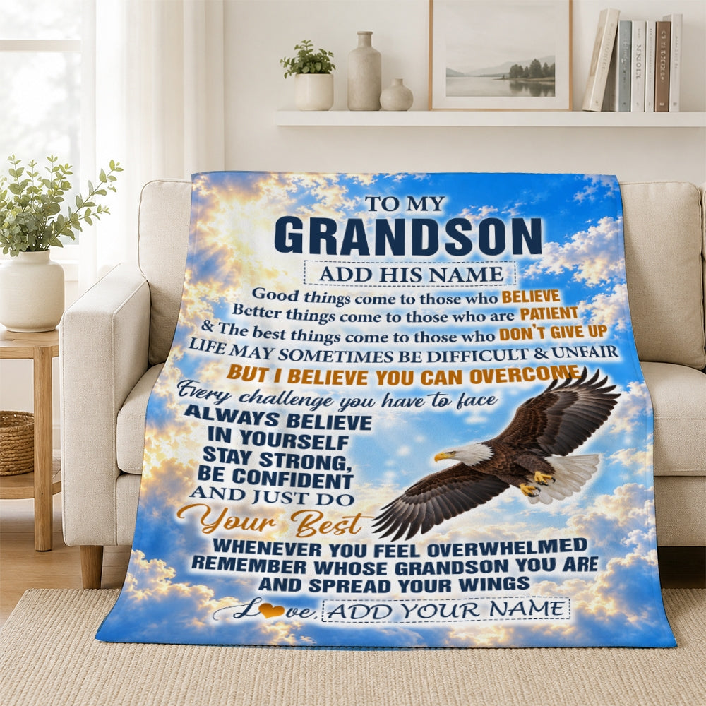 Personalized To My Grandson Gifts From Grandma Blanket Believe In Yourself Eagle Gifts For Grandson Birthday Present Graduation Christmas Fleece Throw Blanket | siriusteestore