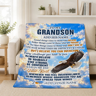 Personalized To My Grandson Gifts From Grandma Blanket Believe In Yourself Eagle Gifts For Grandson Birthday Present Graduation Christmas Fleece Throw Blanket | siriusteestore
