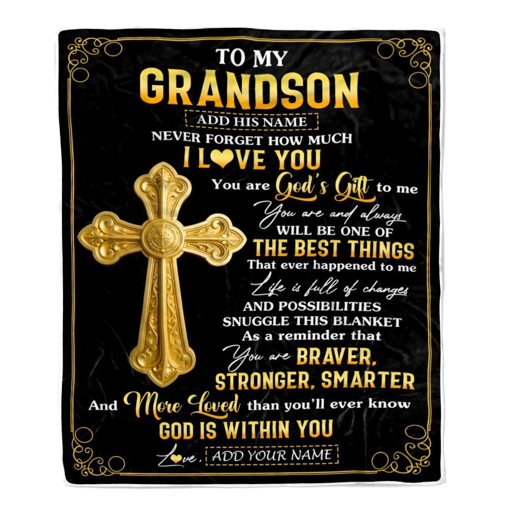 Personalized To My Grandson Gifts From Grandma Blanket Christian God Is With You Gifts For Grandson Birthday Present Graduation Christmas Fleece Blanket | siriusteestore